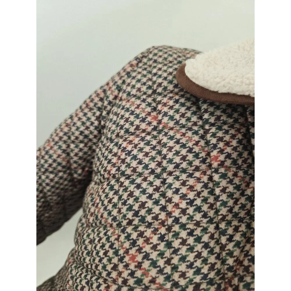 Lauren Ralph Lauren Houndstooth Quilted Jacket S Brown Green Faux Sherpa Collar - Picture 7 of 14